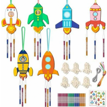 12 Piece Wooden Rocket Wind Chime Craft Kit for Children, DIY Space Design for Party and Garden Decor