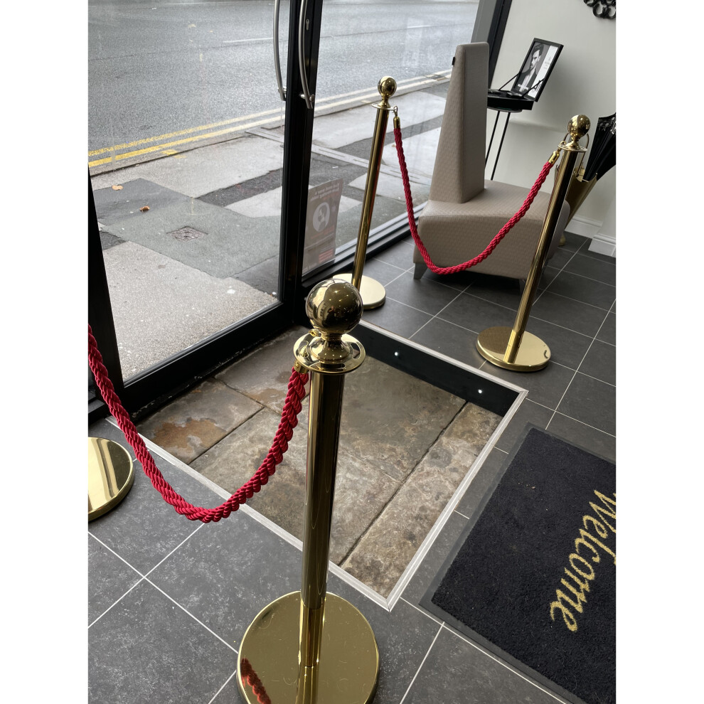 2x Polished Steel Queue Rope Barrier Post Stand Stanchion + 1.5m Rope ...